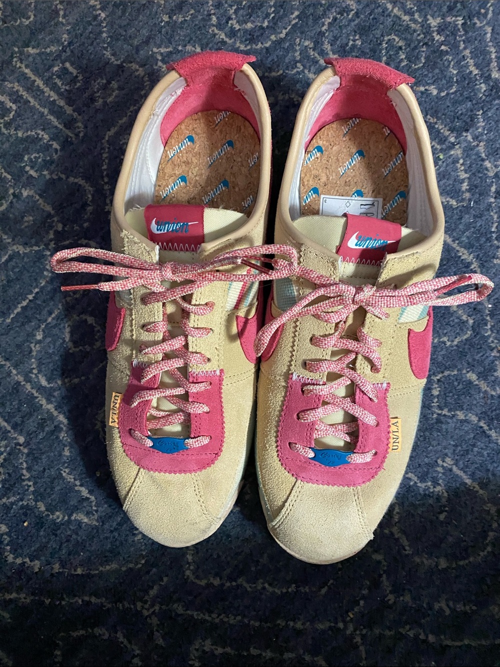 Nike Women's UN/LA Cortez Suede Sneakers in Beige and Pink with Blue Accents